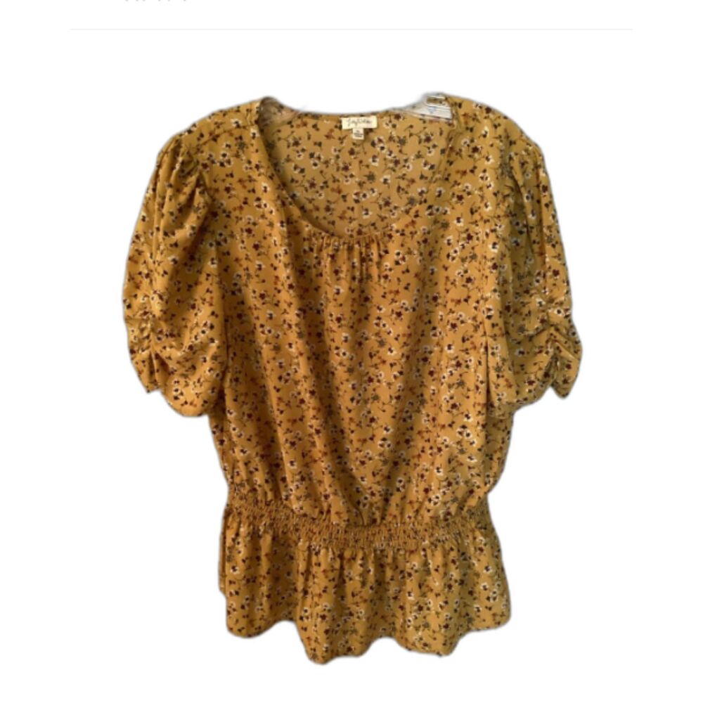 LILY WHITE XL MUSTARD YELLOW FLORAL PUFF SLEEVE BLOUSE WITH SMOCKED WAIST